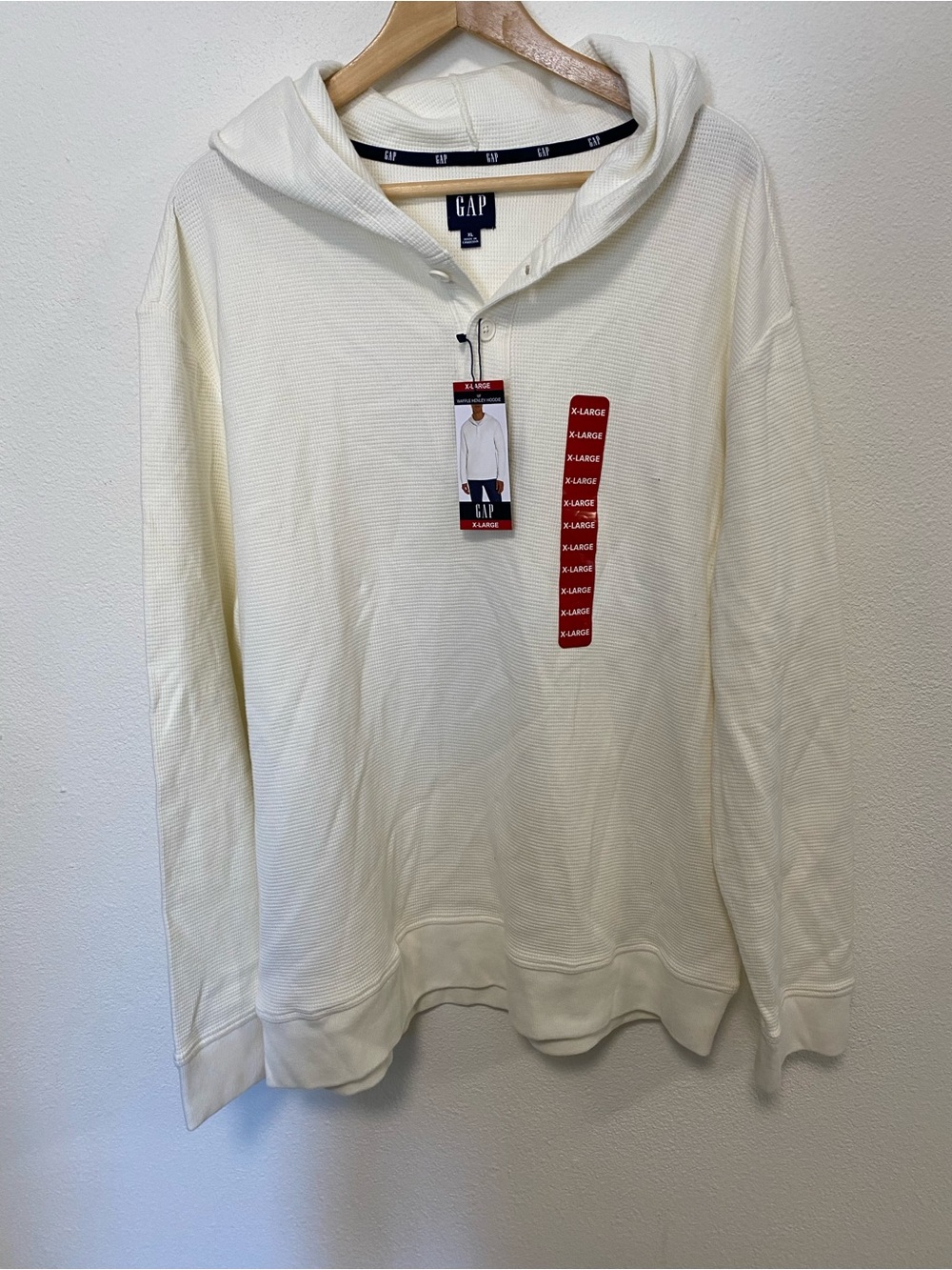 New GAP Waffle Henley White Cotton Hoodie XL Textured Lightweight Minimalist